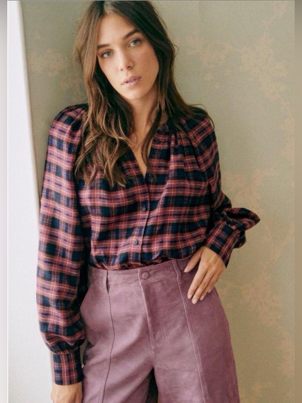 NWT Sezane Lealys 100% Linen Shirt Check Print Rose and Mauve FR Size 34 US 2